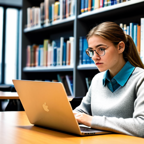 Home 26 A focused female nursing student, fully clothed in a modest sweater and professional-casual pants, seated at a sleek desk in a bright, modern university library. She is intently reviewing notes on her laptop and in a physical textbook, with a pen in hand. Her expression is one of calm concentration, conveying diligence and resilience. The background features blurred bookshelves and a large window. Professional photography, perfect anatomy, correct proportions, natural pose, well-formed hands, proper finger count, natural body proportions, appropriate content, safe for work, professional, family-friendly.