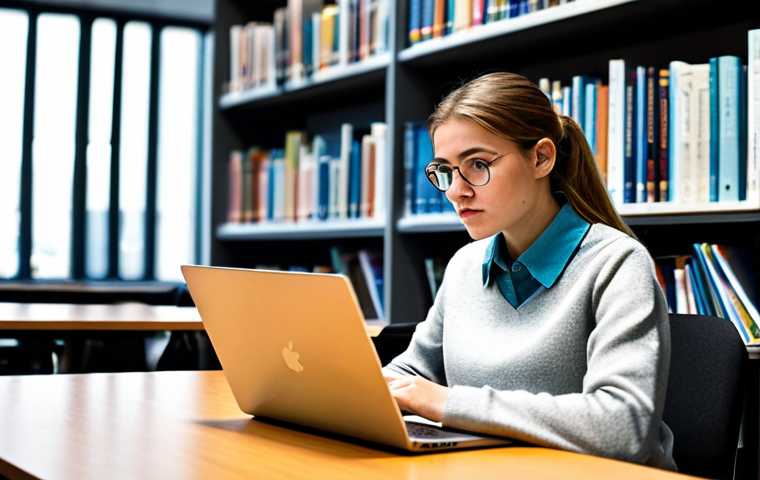 A focused female nursing student, fully clothed in a modest sweater and professional-casual pants, seated at a sleek desk in a bright, modern university library. She is intently reviewing notes on her laptop and in a physical textbook, with a pen in hand. Her expression is one of calm concentration, conveying diligence and resilience. The background features blurred bookshelves and a large window. Professional photography, perfect anatomy, correct proportions, natural pose, well-formed hands, proper finger count, natural body proportions, appropriate content, safe for work, professional, family-friendly.