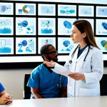 A highly competent professional nurse, either male or female, engaged in a focused discussion with a diverse group of medical colleagues around a modern conference table. They are reviewing digital charts and research papers on a large screen, symbolizing evidence integration. The nurse gestures thoughtfully, representing clinical expertise and critical thinking. The setting is a bright, state-of-the-art hospital conference room with large windows. The atmosphere is collaborative and innovative. All individuals are fully clothed in professional medical attire, appropriate content, modest clothing, family-friendly. Perfect anatomy, correct proportions, natural poses, well-formed hands, proper finger count, natural body proportions. Professional photography, high quality, safe for work.