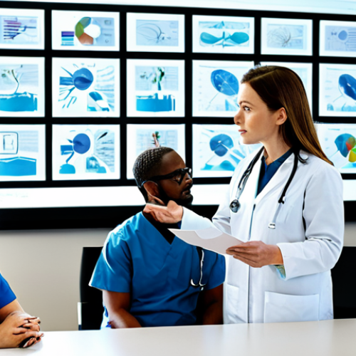 Home 25 A highly competent professional nurse, either male or female, engaged in a focused discussion with a diverse group of medical colleagues around a modern conference table. They are reviewing digital charts and research papers on a large screen, symbolizing evidence integration. The nurse gestures thoughtfully, representing clinical expertise and critical thinking. The setting is a bright, state-of-the-art hospital conference room with large windows. The atmosphere is collaborative and innovative. All individuals are fully clothed in professional medical attire, appropriate content, modest clothing, family-friendly. Perfect anatomy, correct proportions, natural poses, well-formed hands, proper finger count, natural body proportions. Professional photography, high quality, safe for work.