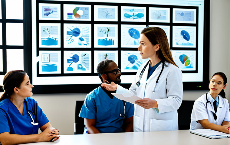 A highly competent professional nurse, either male or female, engaged in a focused discussion with a diverse group of medical colleagues around a modern conference table. They are reviewing digital charts and research papers on a large screen, symbolizing evidence integration. The nurse gestures thoughtfully, representing clinical expertise and critical thinking. The setting is a bright, state-of-the-art hospital conference room with large windows. The atmosphere is collaborative and innovative. All individuals are fully clothed in professional medical attire, appropriate content, modest clothing, family-friendly. Perfect anatomy, correct proportions, natural poses, well-formed hands, proper finger count, natural body proportions. Professional photography, high quality, safe for work.
