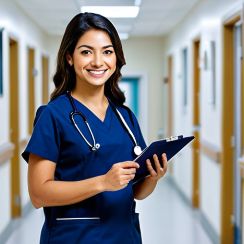 Home 23 **
A professional Latina nurse, fully clothed in a modest navy blue scrub suit, stands in a brightly lit, modern hospital hallway. She is smiling gently, holding a clipboard and pen. The background includes blurred medical equipment and other healthcare professionals. Perfect anatomy, natural pose, correct proportions, well-formed hands. Safe for work, appropriate content, professional, family-friendly.
**