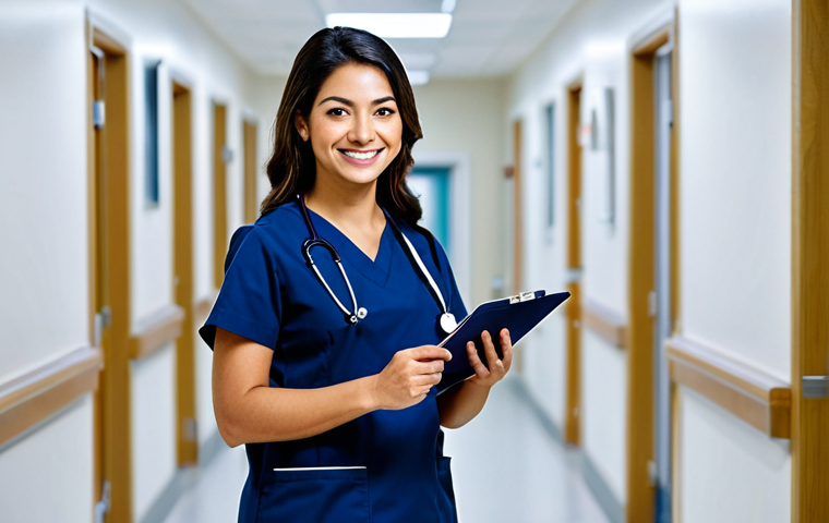 **

A professional Latina nurse, fully clothed in a modest navy blue scrub suit, stands in a brightly lit, modern hospital hallway. She is smiling gently, holding a clipboard and pen. The background includes blurred medical equipment and other healthcare professionals. Perfect anatomy, natural pose, correct proportions, well-formed hands. Safe for work, appropriate content, professional, family-friendly.

**