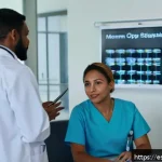 Home 22 간호 리더십과 관리 - A diverse healthcare team in a modern hospital meeting room engaged in a daily brief meeting. The gr...