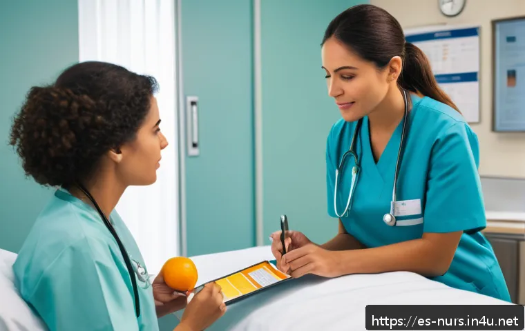 혈액 및 면역계 간호 - A detailed clinical nursing scene in a modern hospital setting showing a female nurse of Hispanic de...