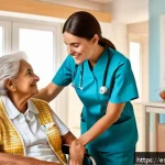 Home 18 장기 요양 간호 - A warm and welcoming Spanish home interior showing a professional nurse in uniform providing persona...