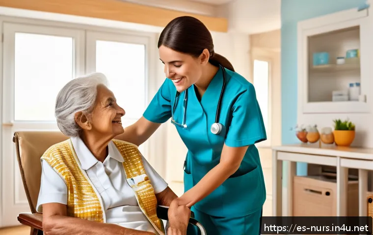 장기 요양 간호 - A warm and welcoming Spanish home interior showing a professional nurse in uniform providing persona...
