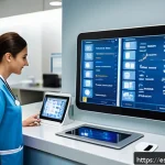 Home 23 전자 의무 기록 EMR 과 간호 - A modern hospital nurse station with Spanish healthcare professionals using digital tablets and comp...