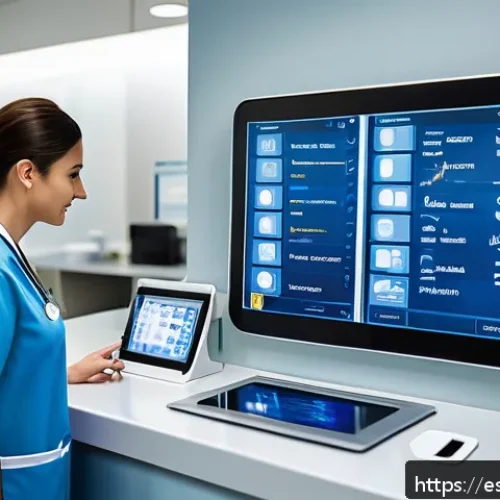 Home 17 전자 의무 기록 EMR 과 간호 - A modern hospital nurse station with Spanish healthcare professionals using digital tablets and comp...