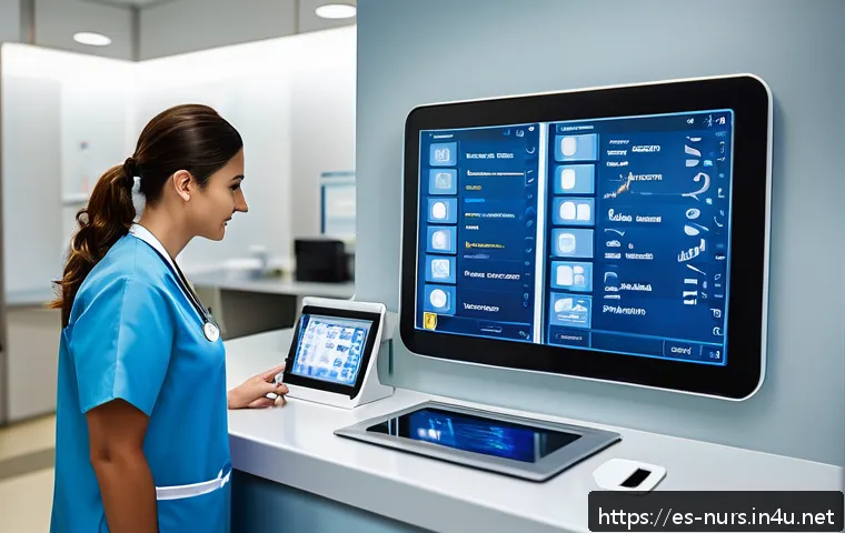 전자 의무 기록 EMR 과 간호 - A modern hospital nurse station with Spanish healthcare professionals using digital tablets and comp...