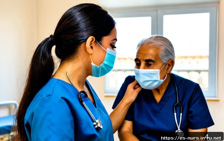 호흡기계 간호 - Photorealistic respiratory nursing scene in a bright modern community clinic in Spain, compassionate...